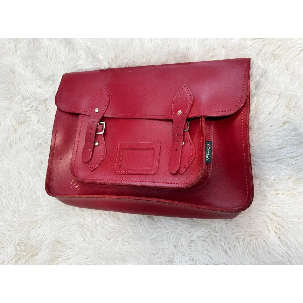 Zatchels Red Leather Satchel Messenger Bag Handmade in England 14.5 Inch